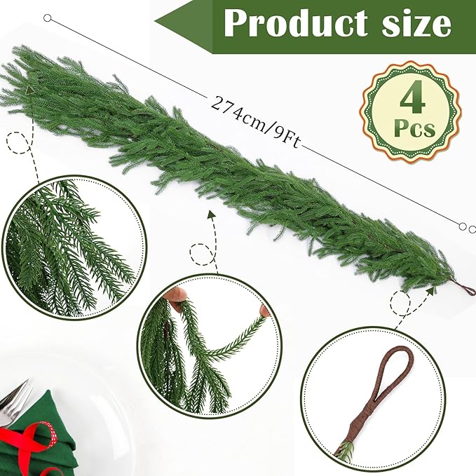 Hananona 4 Pcs 9 Ft Artificial Norfolk Pine Garlands, Real Touch Winter Pine Garland, Green Artificial Greenery Garland for Table, Mantle, Wall, Indoor, Outdoor Christmas Decorations (4, 9 Ft)