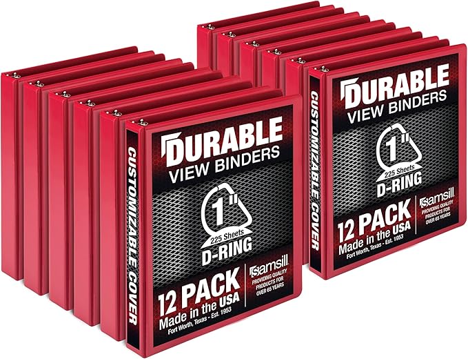 Samsill Durable 1 inch 3 Ring Binder, Made in USA, D Ring Binder, FSC 100% Recycled Chipboard, Red, 12 Pack