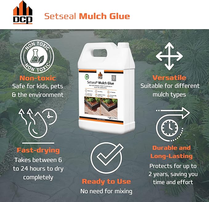 DCP Setseal Mulch Glue for Landscaping 1 Gallon - Gravel Stabilizer & Rock Glue - Works with Mulch, Pea Gravel, Pebble, Rubber Mulch, Large Gravel, Rocks - Ready-to-Use, Non-Toxic, Fast Drying