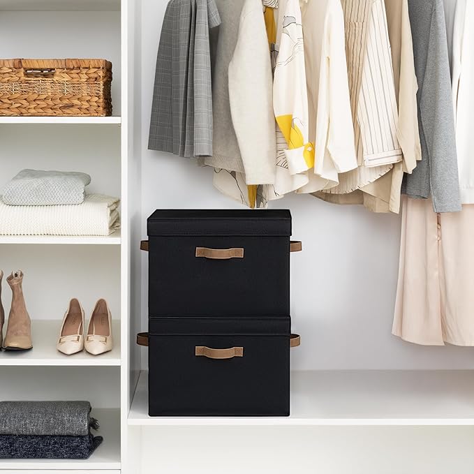 StorageWorks Fabric Storage Bins with Lid, Decorative Storage Boxes for Shelves, Stackable Closet Organizer Basket with Handles, Jumbo, Black, 2-Pack