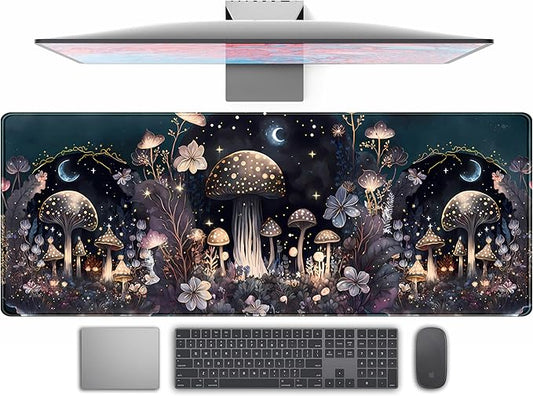 Cute Dark Mushroom Moon Night Mouse Pad XL Extended Gaming Mat with Stitched Edges, Computer Laptop Keyboard and Mouse Mat for Women Office Desk Decor, 31.5x11.8 in