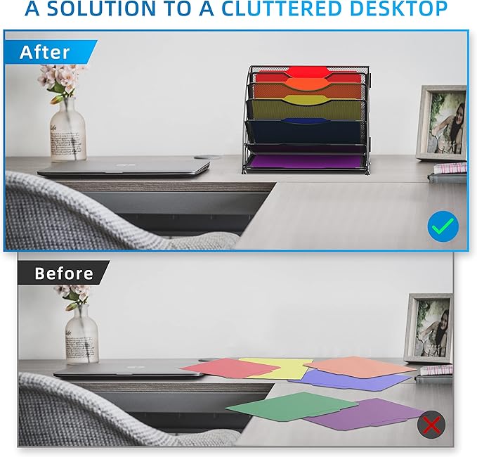 SUPEASY Fan Shaped Desk File Organizer, 6 Compartments for Filing Paper Bills, Letters, Desk Accessories for Workspace, School, Office, Waiting Room, Classroom Storage, Black