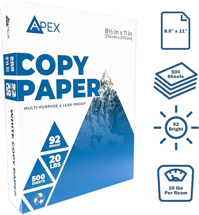 Copy Paper, Printer Paper, 20lb Multipurpose, Printer Paper 8.5 x 11 White, 92 Bright, White Paper, Office Supplies, 500 Sheets Per Ream (10 Reams Case 5000 Sheets)