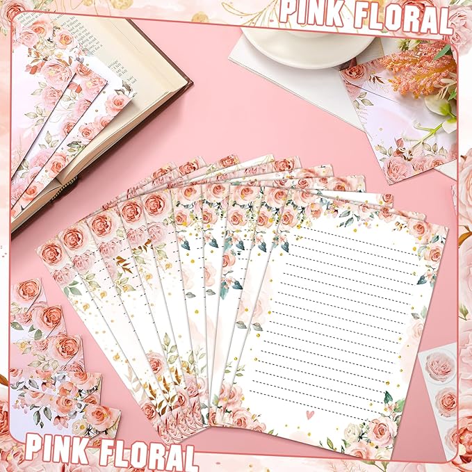 TaoBary 160 Pcs Stationery Paper Set 50 Double Sided Stationery Papers with 50 Matching Envelopes and 60 Round Dot Sticker, 10 Design(Pink Floral,5.5 x 8.25 Inch)