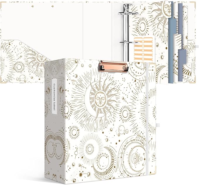 Ospelelf 3 Ring Binder 3 Inch, Cute Binder for Letter Size (11" x 8.5") with 5 Tab Dividers, File Folder Labels and Low Profile Clipboards, Tarot Cards Binder for School Supplies and Office Supplies