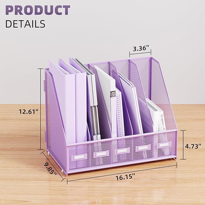 Marbrasse Desk File Organizer with 5 Vertical Compartments Mesh Magazine File Holder for Office, Home, School