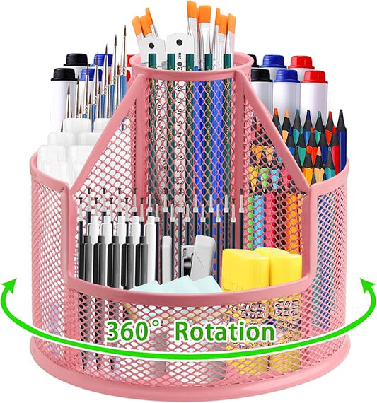 Sturdy Rotating Pen Holder, Cute Metal Pencil Holder, Large Mesh Pen Organizer for Desk, Premium Friendly Office Desk Accessories & Workspace Organizers, Pink