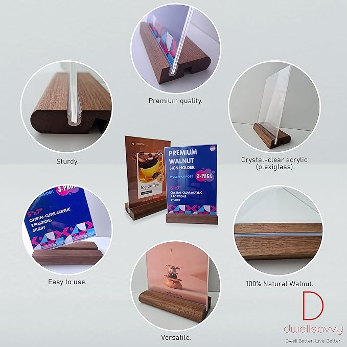 Acrylic Sign Holder 5x7" [3-PACK] | Walnut Wood Base and Crystal-Clear Acrylic Frame: Double-Sided Tabletop Display. Menu Holder, Picture Frame, Store Sign, Display Stand or Booth Display.