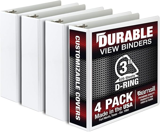 Samsill Durable 3 inch 3 Ring Binder, Made in USA, D Ring Binder, FSC 100% Recycled Chipboard, White, 4 Pack