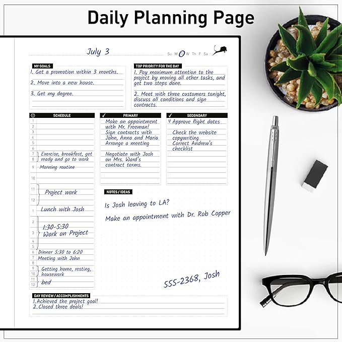 Daily Planner - Professional Life Planner, Calendar & Gratitude Journal to Increase Productivity, Time Management & Happiness - Vegan Leather Softcover, 6 Months, Undated 24 Hour Business Planner