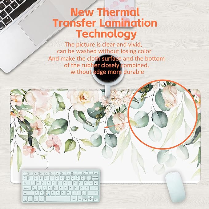 Desk Mat, Watercolor Pink Flowers Desk Pad, Green Leaves Flowers Large Gaming Mouse Pad for Desk, 31.5"x15.7" Extended Big Computer Keyboard Mouse Pad with Non-Slip Base and Stitched Edge