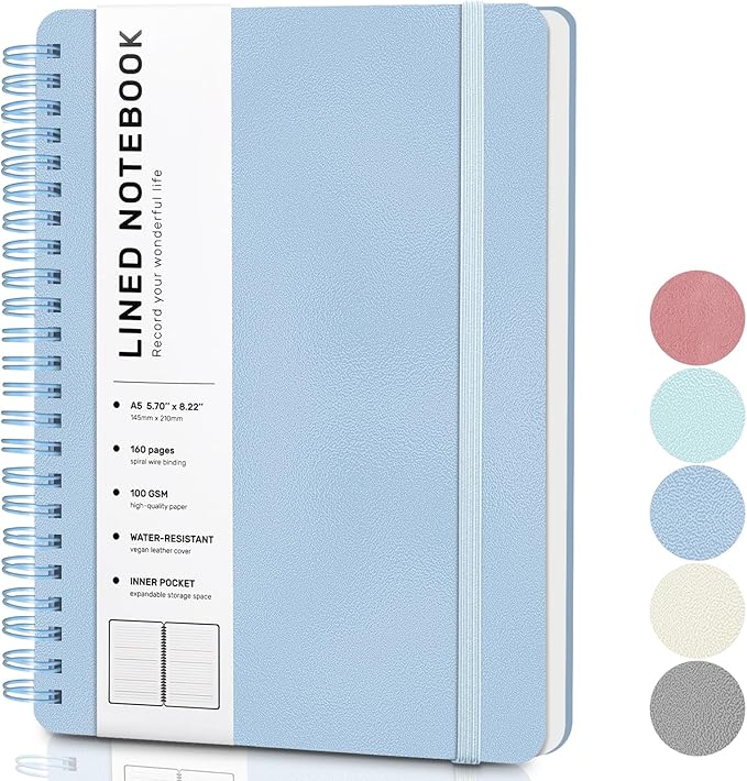 Lined Spiral Journal Notebook, A5 Hardcover Leather Notebook for Work, 5.7''×8.2'', 100GSM Thick Paper Spiral Bound Journaling Notebook for Women Men Office School Note Taking Business, Morandi Blue