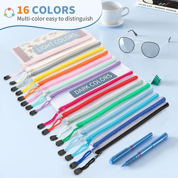 Umriox 32PCS 16 Color Mesh Zipper Pouch Bags, Pencil Pouches Bulk, Pencil Bags with Zipper for Office Supplies and Tavel Storage