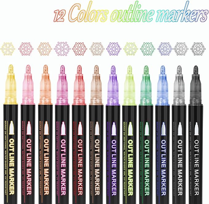Outline Markers, 12 Colors Shimmer Markers Set, Self Outline Metallic Outline Marker Pen Set for Art, Drawing, Doodling, Card Making, Greeting Cards, DIY Crafts
