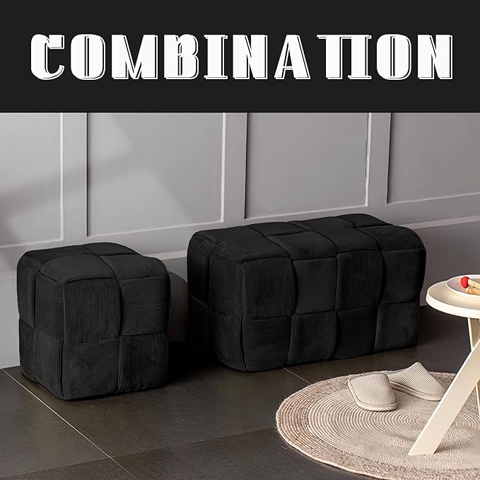 Ottoman Foot Rest Soft and Comfortable Ottoman Square Corduroy Woven Design Sofa Stool (Black-L)