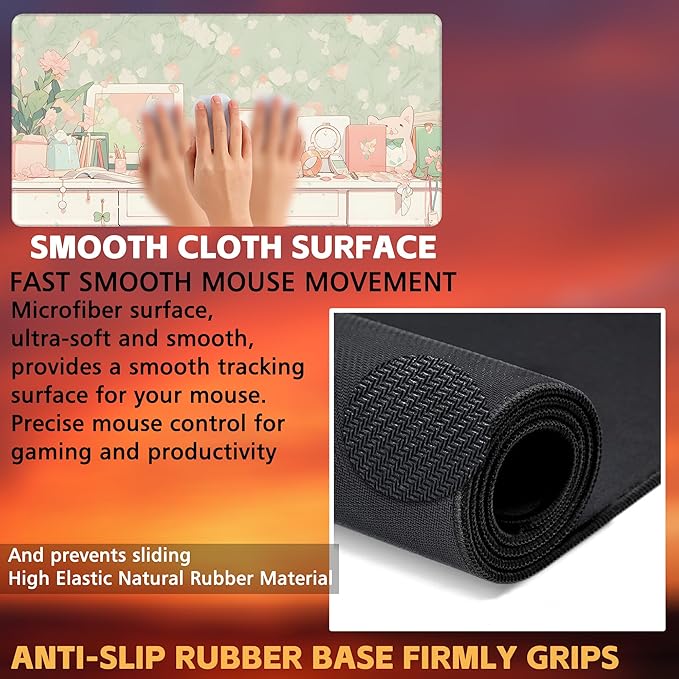 Desk Pad, Kawaii Anime Style Desk Mat, Green Cute Desktop Large Gaming Mouse Pad for Desk, 31.5"x15.7" Extended Big Computer Keyboard Mouse Pad with Non-Slip Base and Stitched Edge