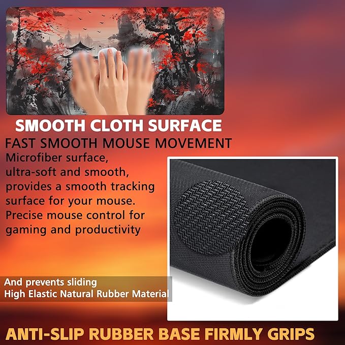 Desk Mat, Red Landscape Painting Desk Pad, Ink Painting Large Gaming Mouse Pad for Desk, 31.5"x15.7" Extended Big Computer Keyboard Mouse Pad with Non-Slip Base and Stitched Edge