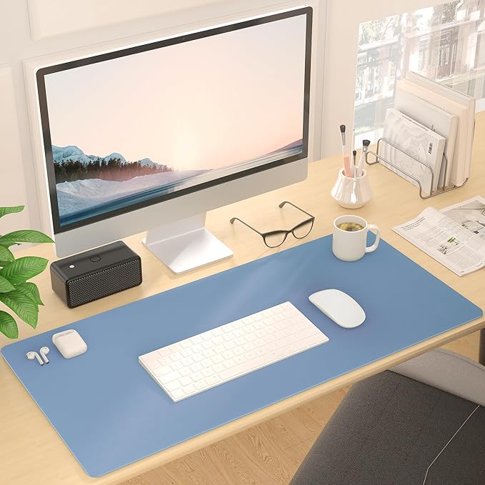 Leather Desk Pad Protector, Mouse Pad, Non-Slip Computer Mat for Desk, PU Leather Desk Mat for Home & Office, Waterproof Laptop Desk Blotter Pad for Keyboard and Mouse, Denim Blue (15.7''X31.5'')