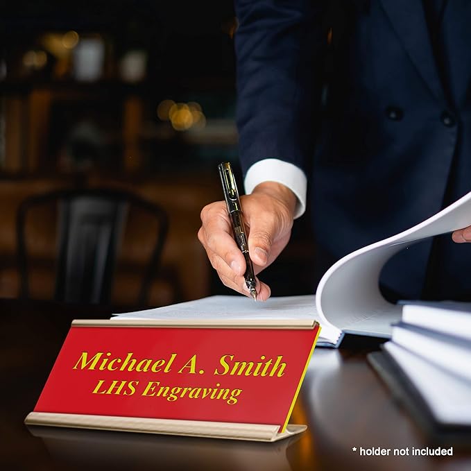 Door Name Plate Personalized for Office Red Plastic Name Plate with Yellow Letters - Made in USA 2x6 B22