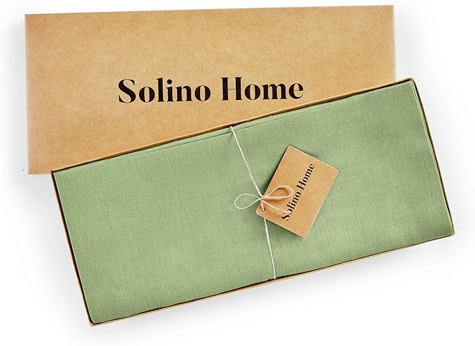 Solino Home Linen Table Runner 48 Inches - 100% Pure Linen Laurel Green Table Runner 14 x 48 Inch Ideal for Dresser and Coffee Tables - Fall, Autumn, Thanksgiving - Fete