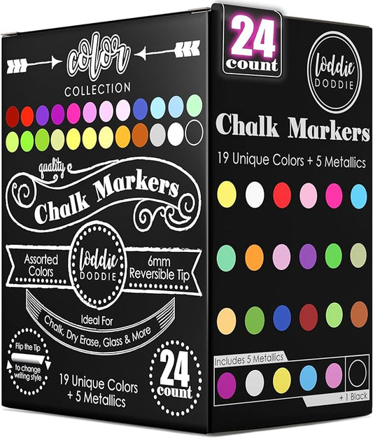Loddie Doddie Liquid Chalk Markers (24-Pack) - Dust-Free Erasable Pens for Windows, Glass, Chalkboard & Blackboard - 6mm Reversible Bullet & Chisel Tip