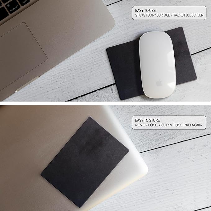 Mouse Pad Adhesive Bottom - Sticks to Any Surface - Portable - Webcam Covers and Screen Cleaner Included (Blank Black)