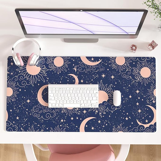 Colorful Star Starry Sky Large Mouse Pad, Celestial Moon and Sun Extended Gaming Mouse Pad Non-Slip Desk Mat, Leather Blue Keyboard Mat for Desktop Gaming Mousepad Accessories 31.5"x15.7"