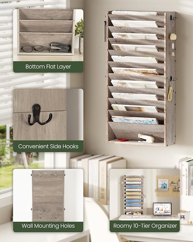 Wall File Organizer, 10-Tier Hanging Mail Organizer, Wall Mount File Holder with 4 Side Hooks, Industrial Mail and Storage Organizer, Wooden Vertical Hanging Holder for Office, Greige MWJ03FH
