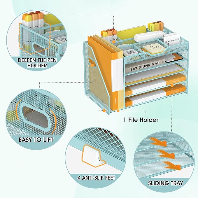 5 Tier Paper Letter Tray with File Holder and 3 Drop-in Pen Holders, Mesh Desk File Organizer with Handle, Desk Organizers and Accessories for School,Home, Office Supplies Storage-Blue