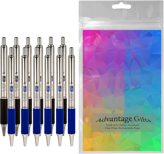Zebra F-402 Ballpoint Stainless Steel Retractable Pen, Fine Point, 0.7mm, Black/Blue Ink, 12-Count Bundle with Plastic Reusable Pouch