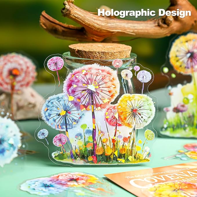 Dandelion Floral PET Stickers Set, 60PCS Holographic Botanical Flower Stickers for Scrapbooking, Journaling, DIY Crafts, and Art Supplies