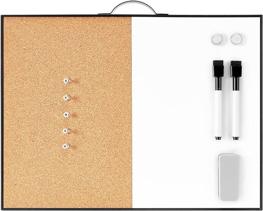 TSJ OFFICE Small Whiteboard Cork-Board - 12" X 16" Portable Aluminum Black Framed Magnetic Dry Erase Board for Wall, Small Bulletin Cork Board with Holder for Office, Home and School
