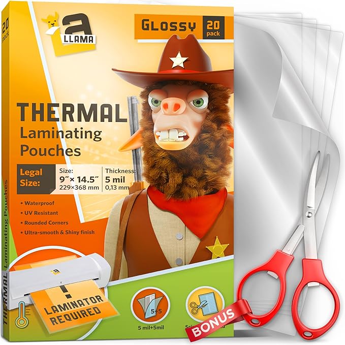 Thermal Laminating Pouches 9” x 14.5”, 5 Mil Thick, 20 Pack, Suited for Legal Size Laminating Sheets 8.5 x 14
