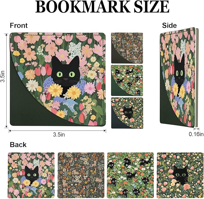 4PC Black Cat Floral Corner Bookmarks, Funny Cute Leather Book Accessories for Book Lovers Gifts, Reading Book Page Markers for Women Men Girls Boys Kids Student Teacher Office Stationery