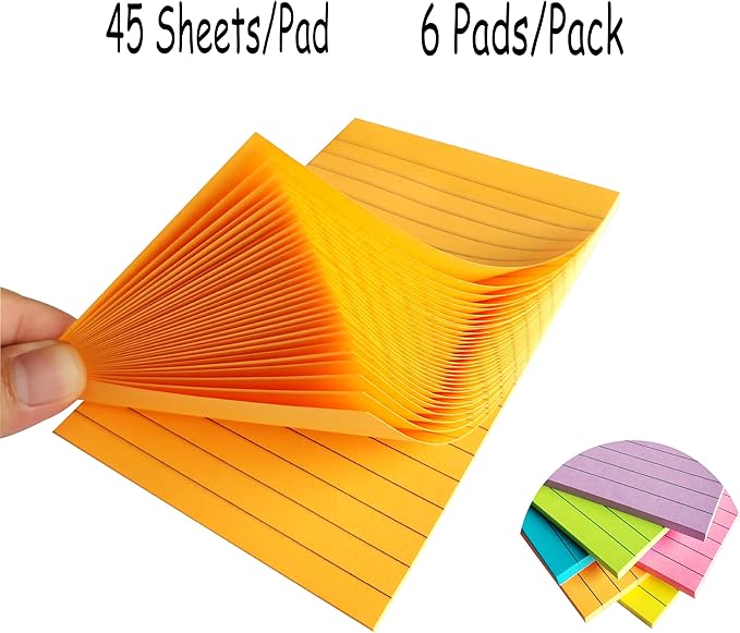 Lined Sticky Notes 4x6 Inches, 6 Bright Colors Large Sticky Notes with Lines, Super Sticking Power Memo Pads, Total 270 Sheets