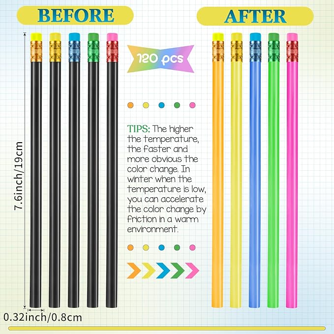 Outus 120 Pieces Color Changing Mood Pencil Bulk with Eraser 2B Wooden Heat Activated Fun Pencils Assorted Colors Thermochromic Pens Gifts for Prizes Birthday Gift Party Favors