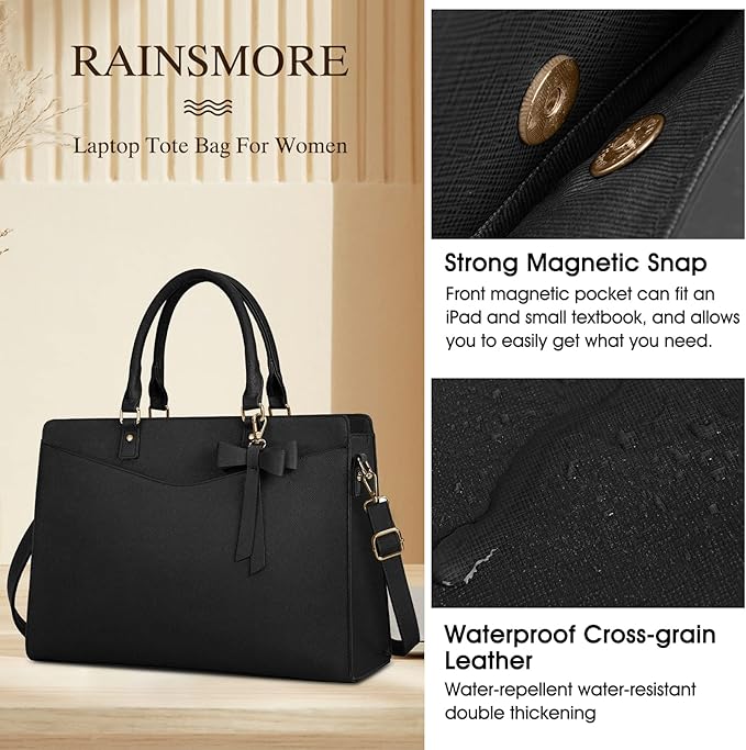 RAINSMORE Laptop Bag for Women 15.6 Inch PU Tote Bag Business Office Work Bag Waterproof Briefcase Computer Tote Lightweight Handbag Shoulder, Black