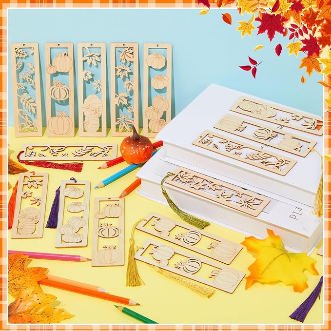 Yexiya 200 Pcs Fall DIY Wood Bookmarks Kit Unfinished Color Your Own Hollow with Tassel 100 Set Autumn School Art Craft Turkey Pumpkins Supplies for Students Classroom Thanksgiving Reward Fillers