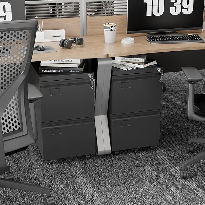 2 Drawers Mobile File Cabinet, Metal Under Desk Cabinet with Lock, for Office & Home, Legal/Letter Size, W14.57”x D17.36”x H25.79”, Assembly Required