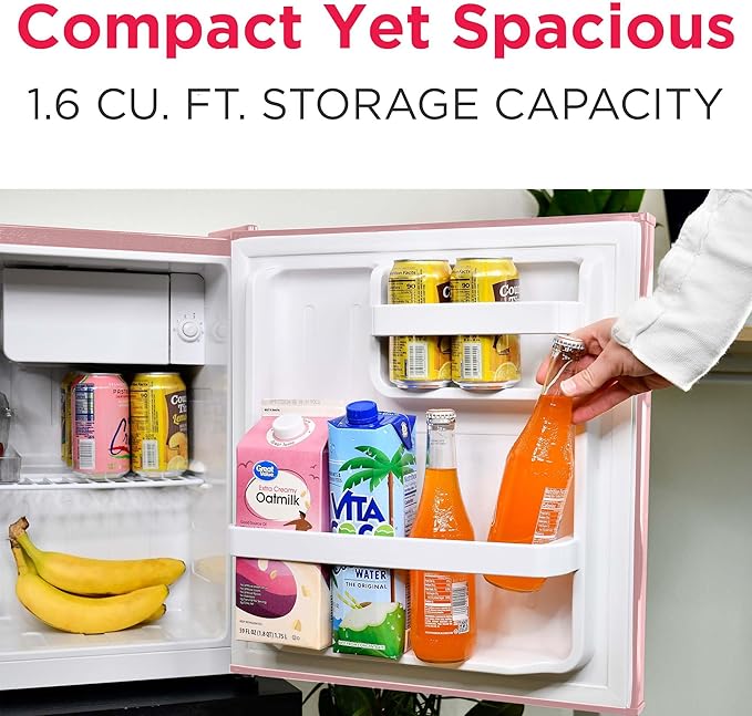 Frigidaire EFR176 Retro Compact Fridge with Chiller Mini Refrigerator with Built-in Bottle Opener for Office, Bedroom, Dorm Room or Cabin, 1.6 cu ft 16" D x 18" W x 18.5" H, Pink