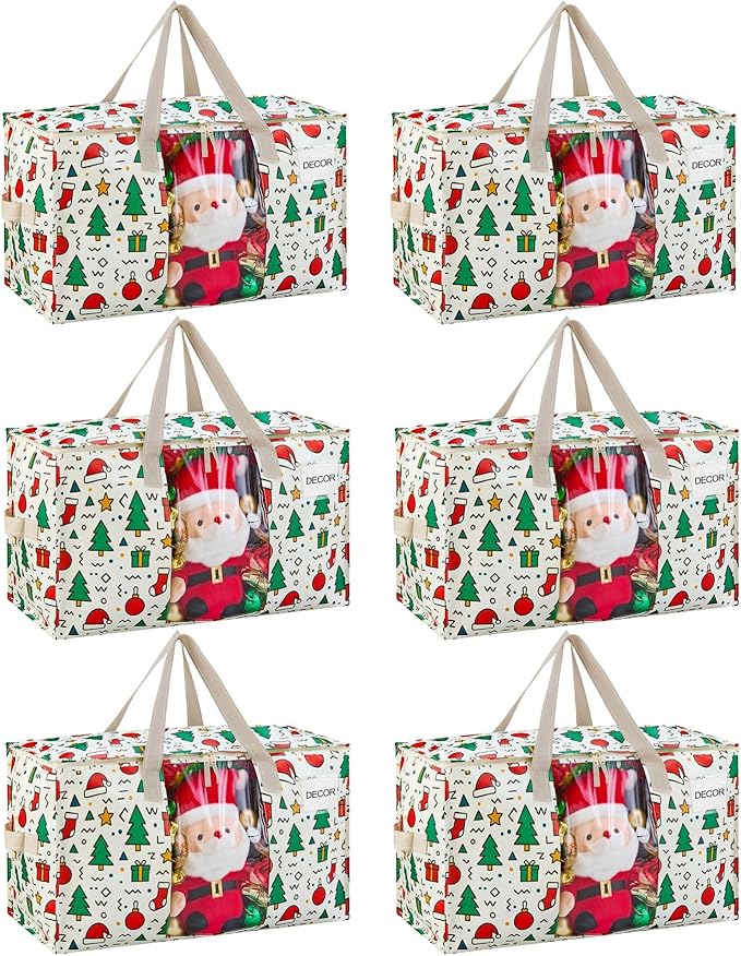 VENO 6 Pack Moving Bags, Large Christmas Storage Bins with lids, Packing Supplies for College, Alternative to Moving Boxes, Foldable, Heavy-Duty Tote, Christmas Pattern (Jingle Mix, 6 Pack)
