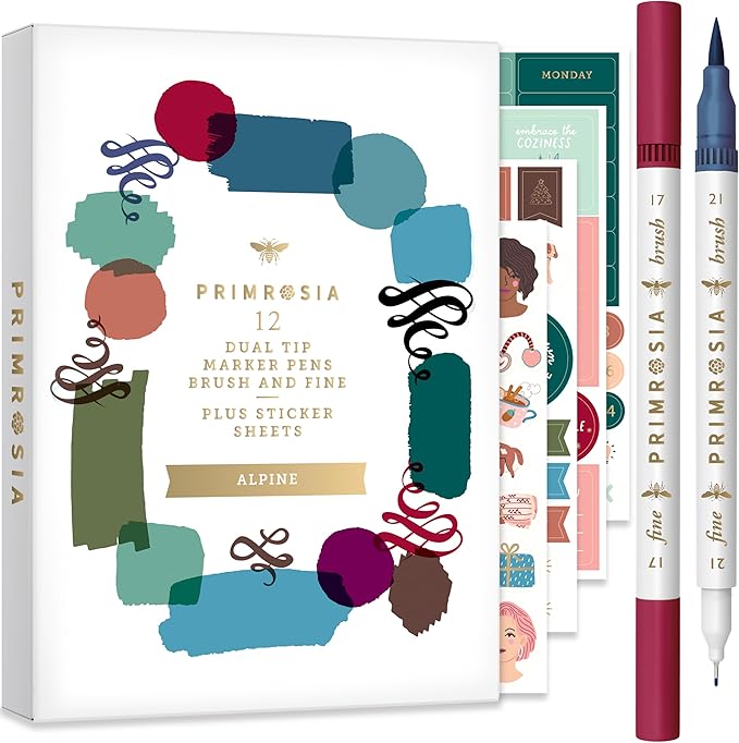 Primrosia 12 Dual Tip Watercolor Marker Pens - Fine Tip & Brush Tips, Professional Quality, 4 x Sticker Sheets, Blendable, Non-Toxic, Perfect for Calligraphy, Drawing & Coloring. (Alpine)