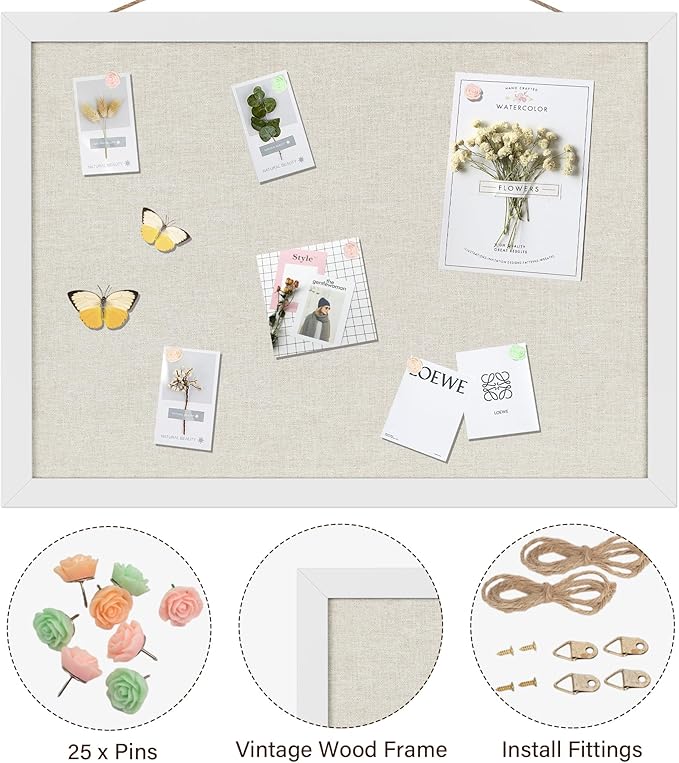 Cork Board Bulletin Board 16.7" x 11", 2-Pack Small Linen Corkboards with Frame for Walls, Cute Picture Display Pin Board Vision Board for Room School Office Bedroom 25 Pushpins Vintage White