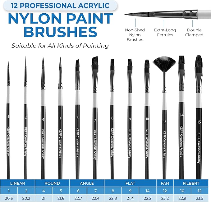 KEFF Creations Acrylic Paint Brush Set, 15 Premium Artist Brushes Kit, 24 Acrylic Paint Set, Paintbrush kit for Canvas, Wood, Fabric, Great Paint Supplies Set for Adults and Kids