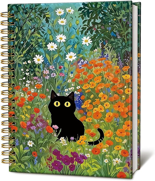 Cute Cat Notebook Journal, Cat Gifts for Girls, Cat Lover Gifts for Women Men, Funny Black Cats Floral Spiral Notebook, Cats Notepad for School Supplies 5.5x8.3 Inch