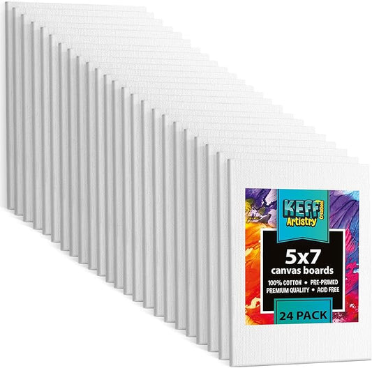 KEFF Canvas Boards for Painting - 5x7 24-Pack Bulk Canvas Panels, 100% Cotton Triple Primed Small Canvases for Painting Supplies, Acrylic, Oil, Watercolor & Tempera