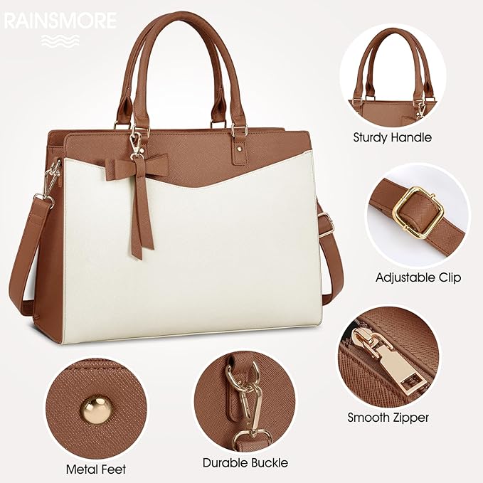 RAINSMORE Laptop Bag for Women 15.6 Inch PU Leather Laptop Tote Professional Business Office Work Bag Waterproof Briefcase Computer Tote Bag Large Lightweight Handbag Shoulder Bag