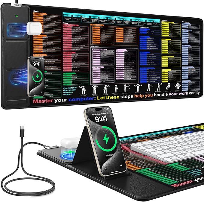 Mouse Pad with Excel Shortcut Keys, Desk Pad with Wireless Charger & Phone Stand, XXL Large Cheat Sheet Mousepad | PC Office Spreadsheet Keyboard Mat | Non-Slip Stitched Edge for Home Office Work