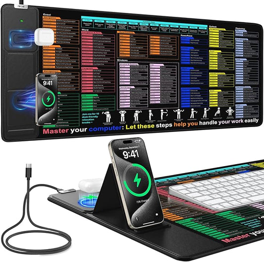 Mouse Pad with Excel Shortcut Keys, Desk Pad with Wireless Charger & Phone Stand, XXL Large Cheat Sheet Mousepad | PC Office Spreadsheet Keyboard Mat | Non-Slip Stitched Edge for Home Office Work
