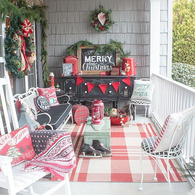 Christmas Door Mat Outdoor 4' x 6' Red and White Plaid Rug Christmas Decor Rug Cotton Hand-Woven Layered Door Mats Washable Carpet for Front Porch, Kitchen, Farmhouse, Entryway